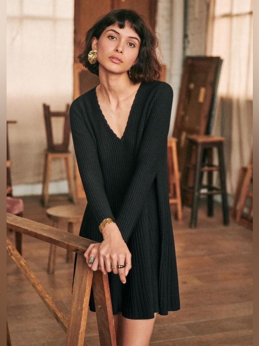 Sezane Brigitte Ribbed V-Neck Long Sleeve Back Detail Mini Dress Size S